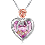 925 Sterling Silver Crystal Jewelry I Love You Mom Necklace Rose Flower Love Heart Pendant Necklace for Women