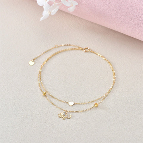 14K Solid Gold Lucky Elephant Anklet  Real Gold Layered Heart Anklet Bracelet Fine Jewelry Anniversary Birthday Mother's Day Gifts for Her