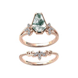 925 Silver Natural Moss Agate Ring Set Leaf Moss Agate Engagement Ring Set Vintage Bridal Wedding Ring
