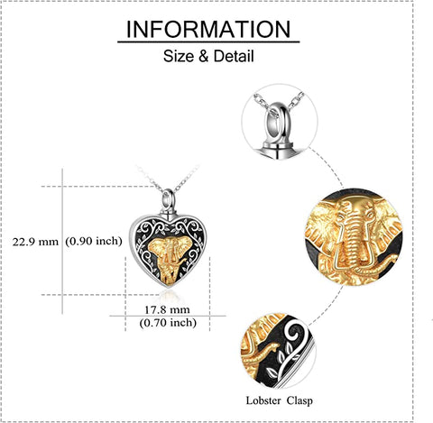 925 Sterling Silver Heart Urn Necklaces Elephant Necklace Always in My Heart Cremation Keepsake Necklace for Ashes