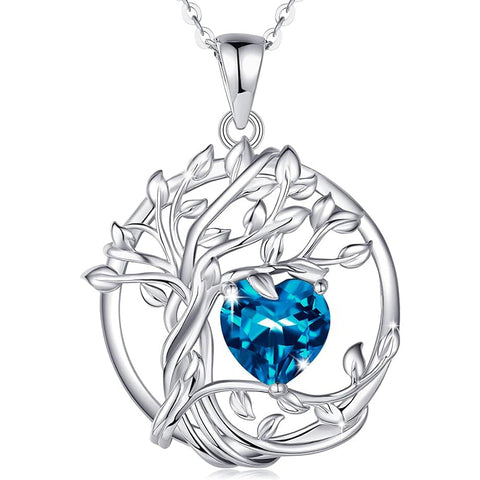 Tree of Life Birthstone Necklace for Women Sterling Silver Heart Jewelry Pendant Gemstone Birthday Gifts for Her