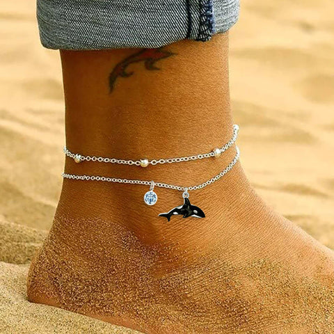 925 Sterling Silver Orca Whale Anklet Dauble Chain Jewelry Brithday Gifts for Women Girls
