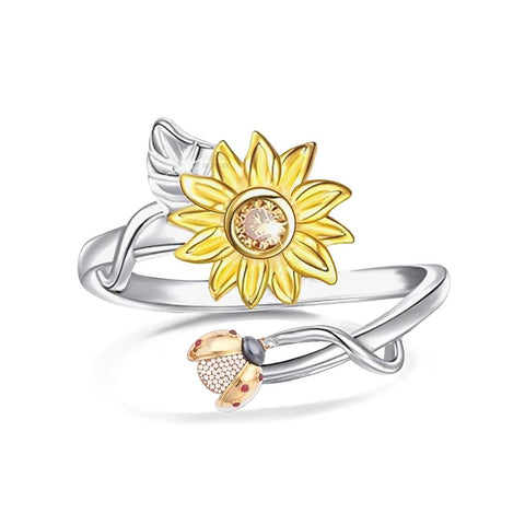 925 Sterling Silver Sunflower CZ Adjustable Ring Flower Ring