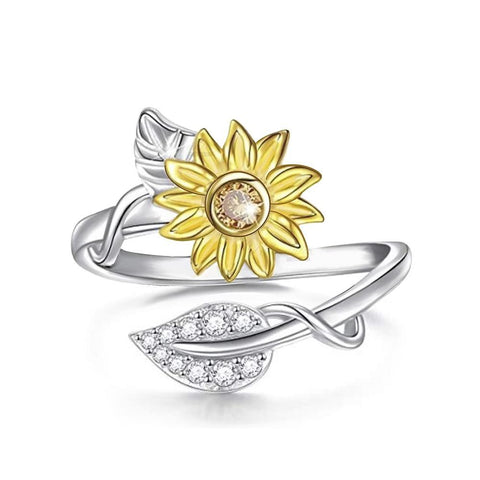 925 Sterling Silver Sunflower CZ Adjustable Ring Flower Ring