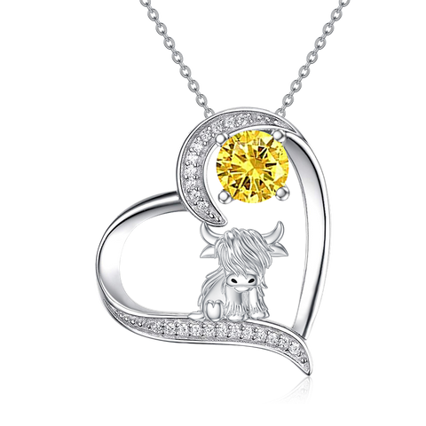 12 Months Birthstone Highland Cow Necklace Gifts for Women Girls Animal Cow Lover