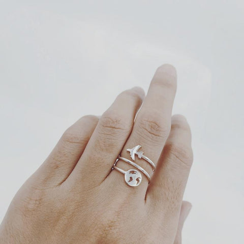 925 Sterling Silver World Map Ring with Airplane Travel Ring World Ring Travel Gifts For Women Adventure Ring Gift