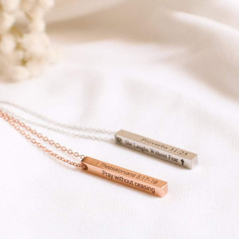 925 Sterling Silver Bible Verse Necklace Custom Vertical Bar Pendant 2 Sided Engraved Pendant