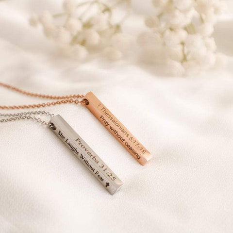 925 Sterling Silver Bible Verse Necklace Custom Vertical Bar Pendant 2 Sided Engraved Pendant