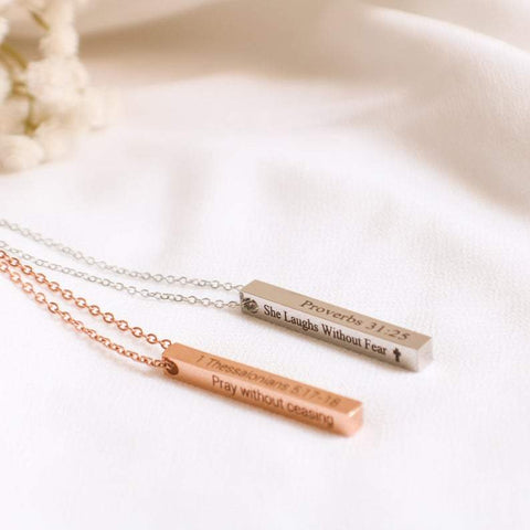 925 Sterling Silver Bible Verse Necklace Custom Vertical Bar Pendant 2 Sided Engraved Pendant