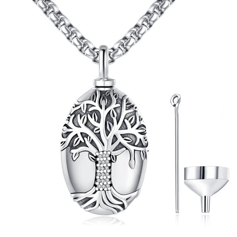 925 Sterling Silver Tree of Life Cremation Jewelry  Urn Necklace for Ashes for Men with 2.5mm 22"+2" Rolo Chain