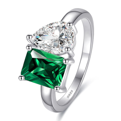 925 Sterling Silver Engagement Ring 1.5ct Double Stone Ring Emerald & Pear Cut Wedding Eternity Ring Cubic Zirconia