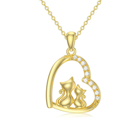 14K Solid Gold Cat Necklace for Women Cat Lover Gift Eternal Love Heart Necklace for Wife Girlfriend and Mom