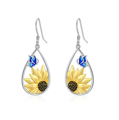 Sunflower Teardrop Dangle Earrings 925 Sterling Silver Boho Bohemian Sunflower Hook Earrings for Women Girls