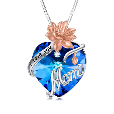 925 Sterling Silver Birth Month Flower Pendant Necklace I Love You Mom Heart Crystal Necklace Birthday Mothers Day Jewelry