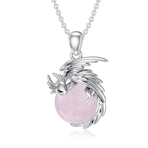 925 Silver Dragon/ Wyvern Rose Quartz Necklace Silver Phoenix Necklace Gift for Women
