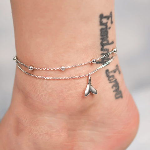 Womens Anklet 925 Sterling Silver  Layered Anklet Bracelet Dainty Beaded Chain Anklet Adjustable 11" Anklet for Women
