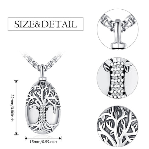 925 Sterling Silver Tree of Life Cremation Jewelry  Urn Necklace for Ashes for Men with 2.5mm 22"+2" Rolo Chain