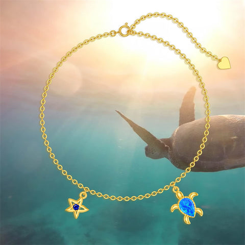 14K Gold Sea Turtle Anklet for Women  Layered Ankle Bracelet Real Gold Beach Foot Jewelry for Her