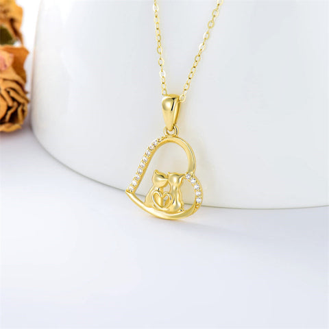 14K Solid Gold Cat Necklace for Women Cat Lover Gift Eternal Love Heart Necklace for Wife Girlfriend and Mom