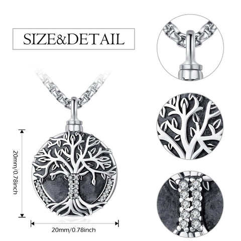 925 Sterling Silver Tree of Life Cremation Jewelry  Urn Necklace for Ashes for Men with 2.5mm 22"+2" Rolo Chain