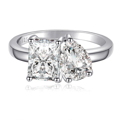 925 Sterling Silver Engagement Ring 1.5ct Double Stone Ring Emerald & Pear Cut Wedding Eternity Ring Cubic Zirconia