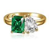 925 Sterling Silver Engagement Ring 1.5ct Double Stone Ring Emerald & Pear Cut Wedding Eternity Ring Cubic Zirconia