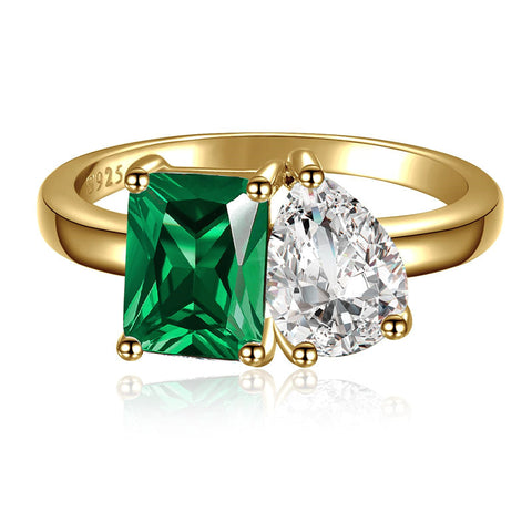 925 Sterling Silver Engagement Ring 1.5ct Double Stone Ring Emerald & Pear Cut Wedding Eternity Ring Cubic Zirconia