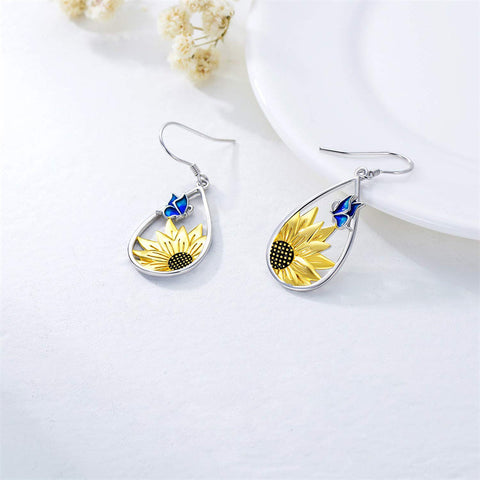 Sunflower Teardrop Dangle Earrings 925 Sterling Silver Boho Bohemian Sunflower Hook Earrings for Women Girls
