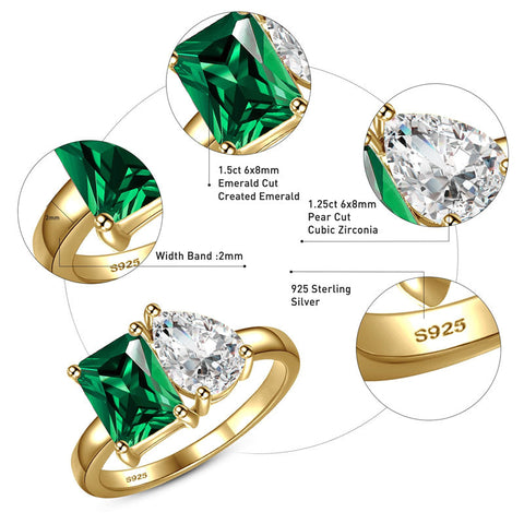 925 Sterling Silver Engagement Ring 1.5ct Double Stone Ring Emerald & Pear Cut Wedding Eternity Ring Cubic Zirconia