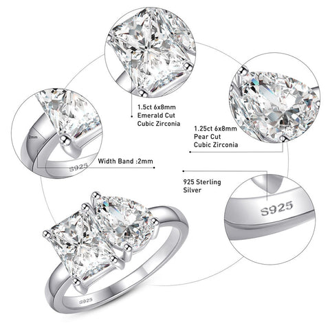 925 Sterling Silver Engagement Ring 1.5ct Double Stone Ring Emerald & Pear Cut Wedding Eternity Ring Cubic Zirconia