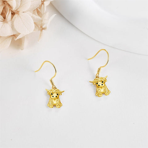 14K Real Gold Highland Cow Earrings for Women,Yellow Gold Heart Cattle Stud Earrings Jewelry Anniversary Birthday Gifts for Her