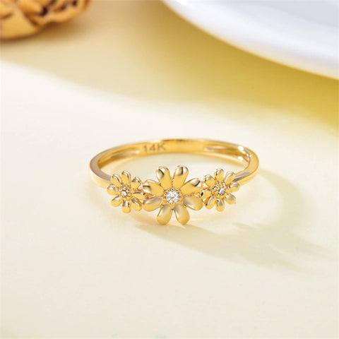 14K Real Gold Nature Diamond Daisy Ring for Women Yellow Gold Dainty Flower Ring for Wife Mom Engagement Ring