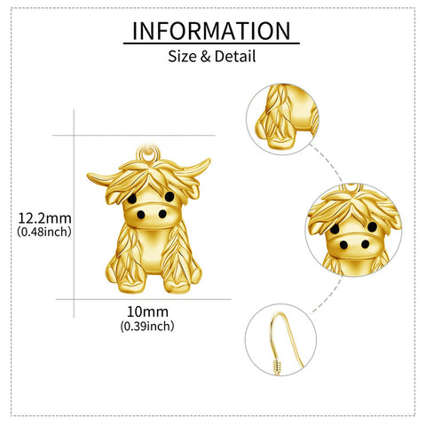 14K Real Gold Highland Cow Earrings for Women,Yellow Gold Heart Cattle Stud Earrings Jewelry Anniversary Birthday Gifts for Her