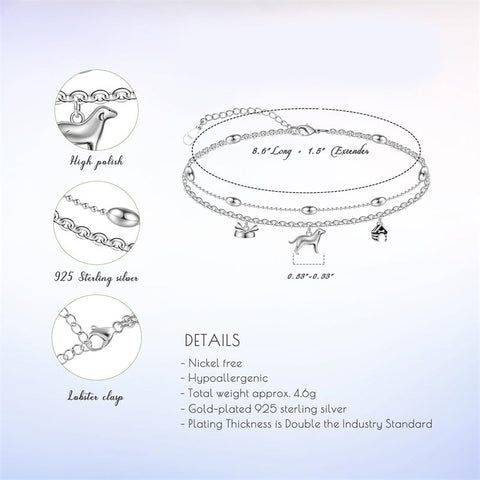 Womens Anklet 925 Sterling Silver  Layered Anklet Bracelet Dainty Beaded Chain Anklet Adjustable 11" Anklet for Women