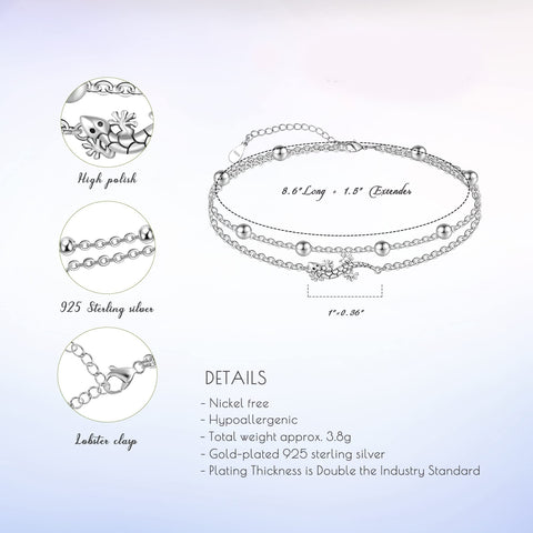 Womens Anklet 925 Sterling Silver  Layered Anklet Bracelet Dainty Beaded Chain Anklet Adjustable 11" Anklet for Women