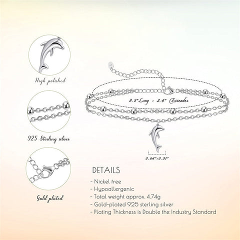 Womens Anklet 925 Sterling Silver  Layered Anklet Bracelet Dainty Beaded Chain Anklet Adjustable 11" Anklet for Women