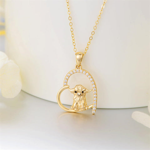 14K Gold Highland Cow Necklace for Women Solid Gold Heart Pendant Necklace Anniversary Birthday Gifts for Her