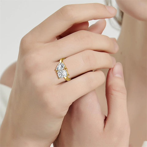 925 Sterling Silver Engagement Ring 1.5ct Double Stone Ring Emerald & Pear Cut Wedding Eternity Ring Cubic Zirconia
