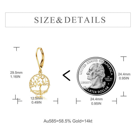 14k Solid Gold Tree of Life Leverback Earrings for Women, Dangle Drop Earrings Birthday Gifts for Her