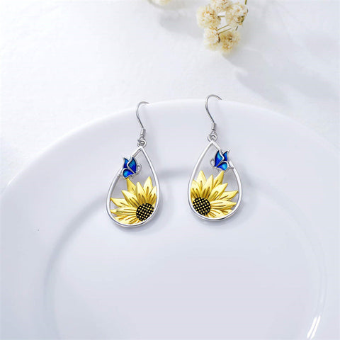 Sunflower Teardrop Dangle Earrings 925 Sterling Silver Boho Bohemian Sunflower Hook Earrings for Women Girls