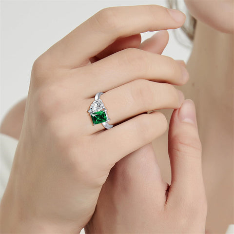 925 Sterling Silver Engagement Ring 1.5ct Double Stone Ring Emerald & Pear Cut Wedding Eternity Ring Cubic Zirconia