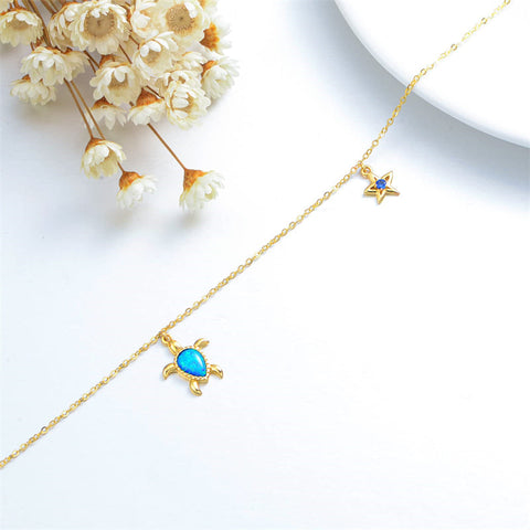 14K Gold Sea Turtle Anklet for Women  Layered Ankle Bracelet Real Gold Beach Foot Jewelry for Her