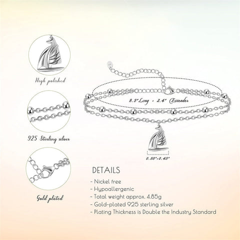 Womens Anklet 925 Sterling Silver  Layered Anklet Bracelet Dainty Beaded Chain Anklet Adjustable 11" Anklet for Women
