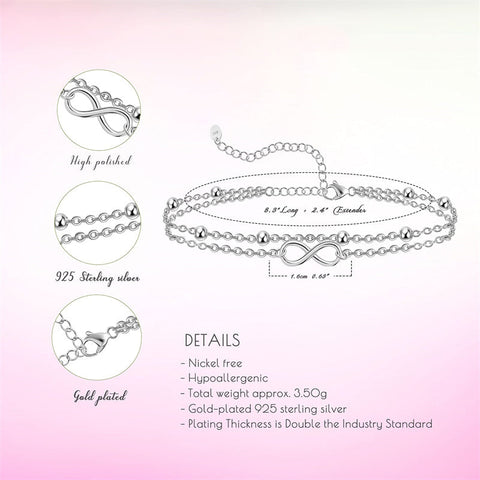 Womens Anklet 925 Sterling Silver  Layered Anklet Bracelet Dainty Beaded Chain Anklet Adjustable 11" Anklet for Women