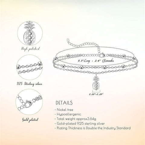 Womens Anklet 925 Sterling Silver  Layered Anklet Bracelet Dainty Beaded Chain Anklet Adjustable 11" Anklet for Women
