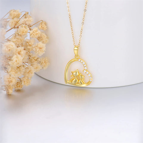 14K Solid Gold Cat Necklace for Women Cat Lover Gift Eternal Love Heart Necklace for Wife Girlfriend and Mom