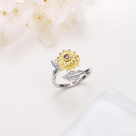 Sunflower Ring Sterling Silver You are My Sunshine CZ Ring I Love You Stone Ring  Sunflowr Ring Urn Sunflower Ring