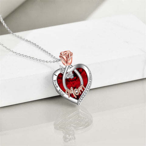 925 Sterling Silver Crystal Jewelry I Love You Mom Necklace Rose Flower Love Heart Pendant Necklace for Women