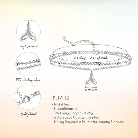 Womens Anklet 925 Sterling Silver  Layered Anklet Bracelet Dainty Beaded Chain Anklet Adjustable 11" Anklet for Women