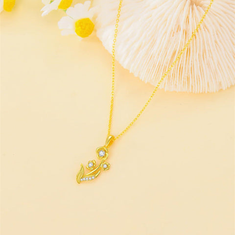 14k Real Gold Diamond Lily of the Valley Necklace  May Birth Flower Necklace Birthday Necklace Yellow Gold Jewelry Anniversary Mother's Day Gifts